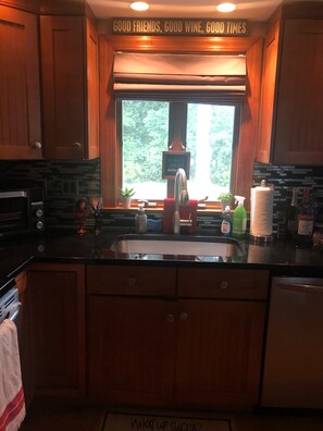 Kitchen window over the sink, looks into the backyard.