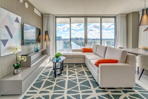 Our cozy living room with amazing views!