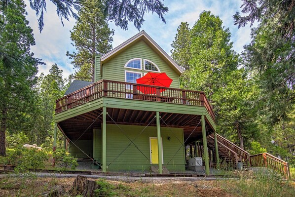 Front of cabin from streetside. Forest Green cabin with yellow door