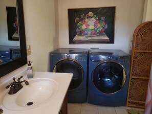 Full size washer/dryer for your convenience...and tub/shower combo . You'll love