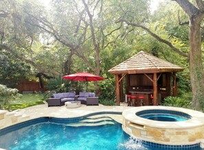 Pool, hot tub, tiki bar, shaded seating with fire pit
