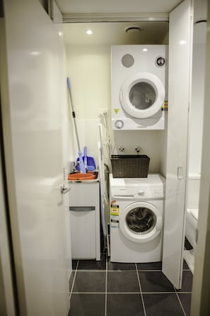 European laundry with a washer and dryer