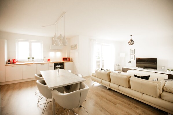 View from the entrance into the dining and living area