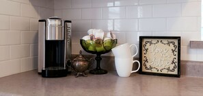 Plenty of coffee and tea. Creamer in the fridge! 