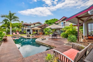 Private saltwater pool and patio area