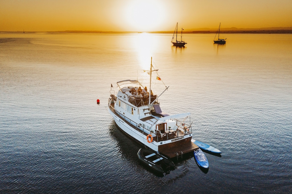Boat anchored in the remote Ria Formosa location Algarve