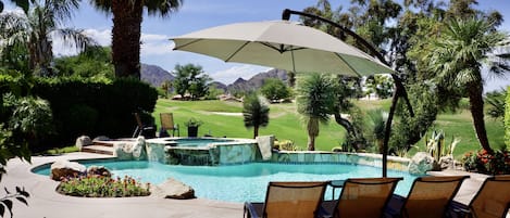 Mountain views, outdoor heaters, outdoor, covered seating,  heated pool & spa.  