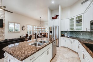 New kitchen, new appliances, new back splash, stone island, etc