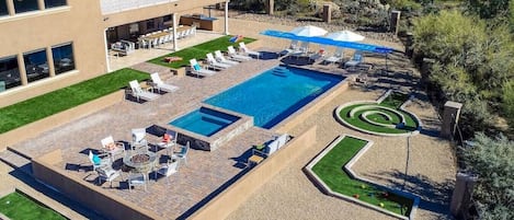 [Backyard] Resort Style heated pool, spa, mini-golf, fire pit and more