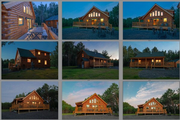 Acorn Log Home at nightime and sunrise