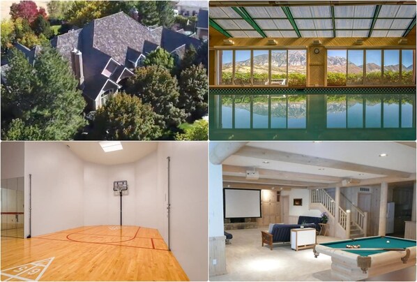 Mountain View Mansion Estate includes Indoor Pool and Jacuzzi, Indoor (and outdoor) sport court,  Retractable Theater system, Billiards, and so much more. Lower Levels of the Main Mansion as well as separate Chalet on the property.