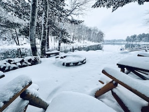 Enjoy the beautiful snowy, lake view right on the front porch.