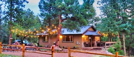 Pine Ridge cabin with its cozy outdoor lighting