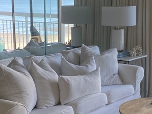 You can see the beach when seated on sofa. And the cotton, linen, and textures