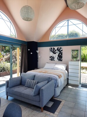 Studio room with a new queen bed
