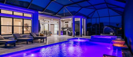 Evening pool with LED lights and light up water bowls for added effects.