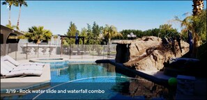 Private pool, hot tub, waterfall, slide