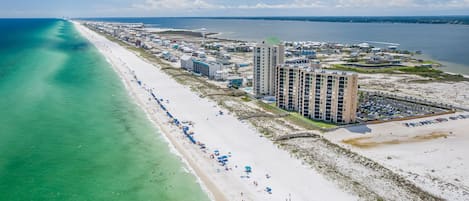 A beautiful aerial view of Navarre Towers and Gulf of Mexico