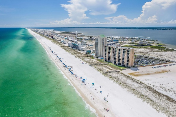 A beautiful aerial view of Navarre Towers and Gulf of Mexico