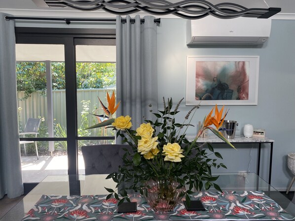 Dining room with view to patio