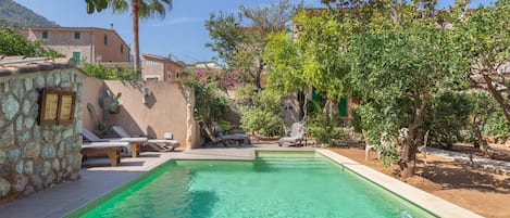 Large swimming pool surrounded by fruit trees and flowers