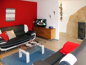Living Room, Room, Property, Furniture, Red, Interior Design, House, Building, Couch, Table