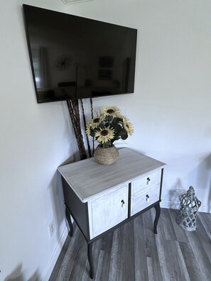 TV with streaming apps, empty cabinet for long term stays