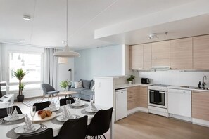 Fully equipped open plan kitchen, living room and dining area.