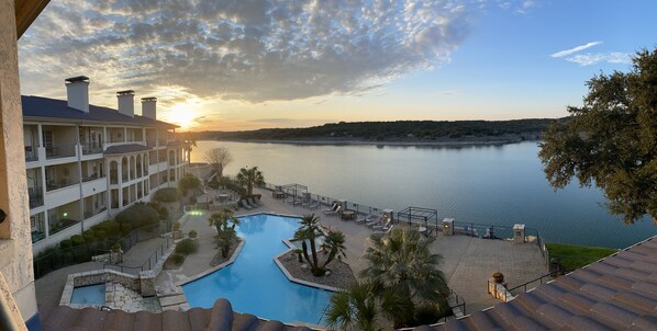 View from balcony which overlooks pool and main body of lake. 