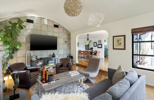 Living room, dining room, kitchen open floorplan. 