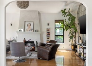 Surround sound movie nights by the working fireplace.