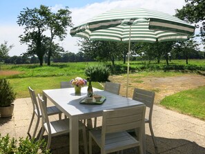 Umbrella, Property, Table, Outdoor Table, Furniture, Shade, Canopy, Real Estate, Patio, Pavilion