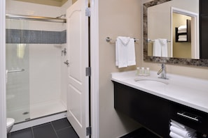 Freshen up in the bathroom after a day of adventure.