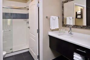 Freshen up in the bathroom after a day of adventure.