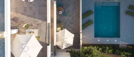 Birdseye view of the Casa Dubi terraces and swimming pool