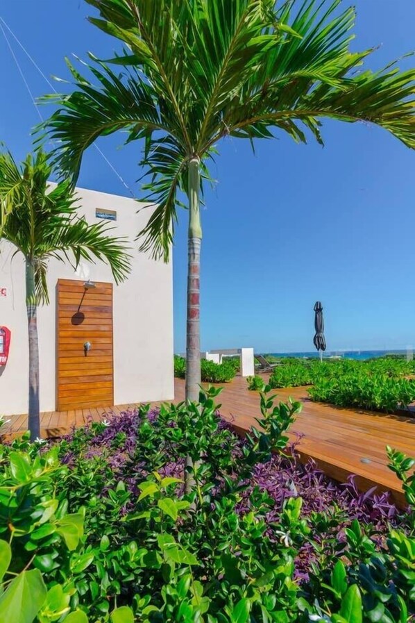 The rooftop has lush vegetation.