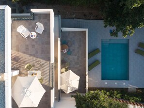 Birdseye view of the Casa Dubi terraces and swimming pool