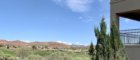 Mountain and golf course views from corner unit.   