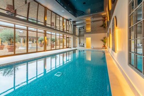 Hill Farm, Massingham: Indoor swimming pool, with LED colour-changing lights and sauna