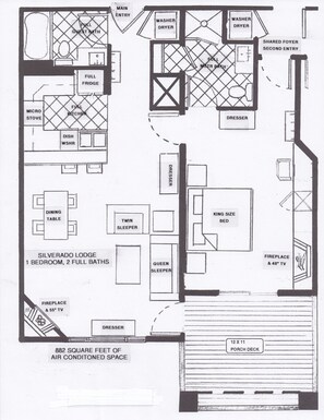 Oversized condo floorplan.  Sleep five with king bed and two sleeper sofas