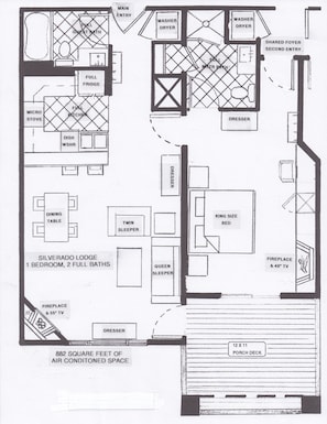 Oversized condo floorplan.  Sleep five with king bed and two sleeper sofas