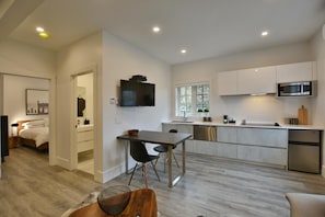 Overview, kitchen and dining, showing bathroom and bedroom.