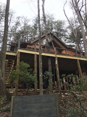 Cabin built up in the trees