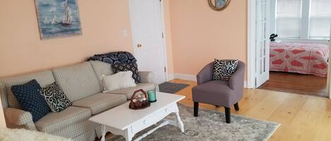 Newly renovated suite- open yet cozy at the same time.  New pine floors!