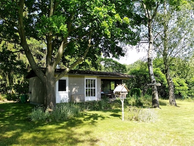 Casa de jardín rural con chimenea y panorama natural.