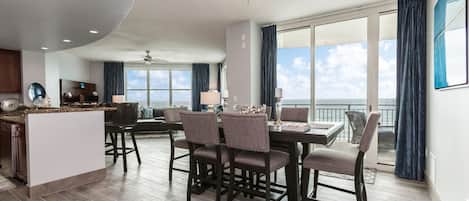 Dining, Kitchen, Living Area - Spacious Living, Kitchen and Dining area with panoramic views of the Gulf Coast!