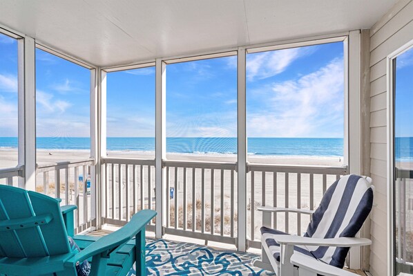 Enjoy a nice cup of coffee and unobstructed ocean views from the extra large oceanfront balcony