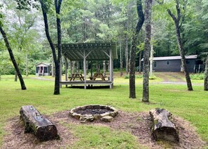 A shared fire pit with natural seating