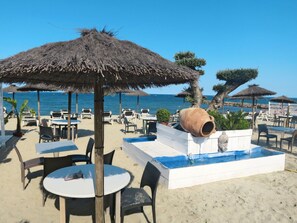Sky, Property, Blue, Shade, Outdoor Furniture, Arecales, Beach, Table, Water, Tree