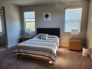 Master bedroom with a single queen bed.
